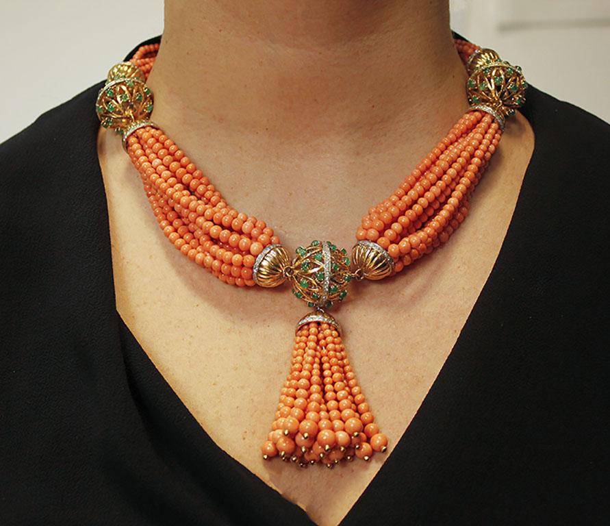 Diamonds, Emeralds, Orange Beaded Rows Coral, Gold Multi-Strand/Beaded Necklace 2