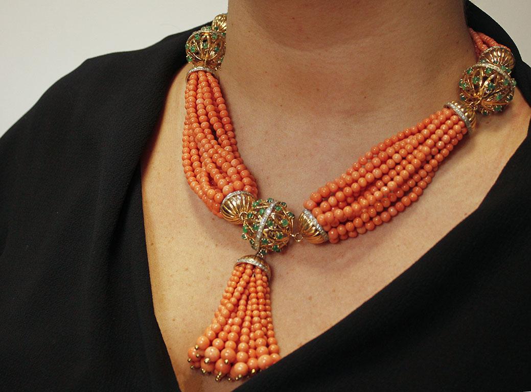 Diamonds, Emeralds, Orange Beaded Rows Coral, Gold Multi-Strand/Beaded Necklace 3