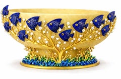Coral Symphony Jade Bowl Lapis Lazuli Fish, Pearls, Vermeil-Handcrafted To Order