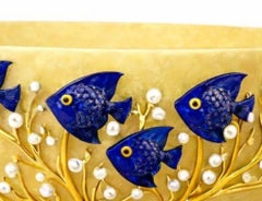 Coral Symphony Yellow Jade Bowl with Lapis Lazuli Fish, Pearls, 24K Vermeil