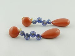 Coral Tanzanite 18 Karat Gold Diamond Pendant Earrings