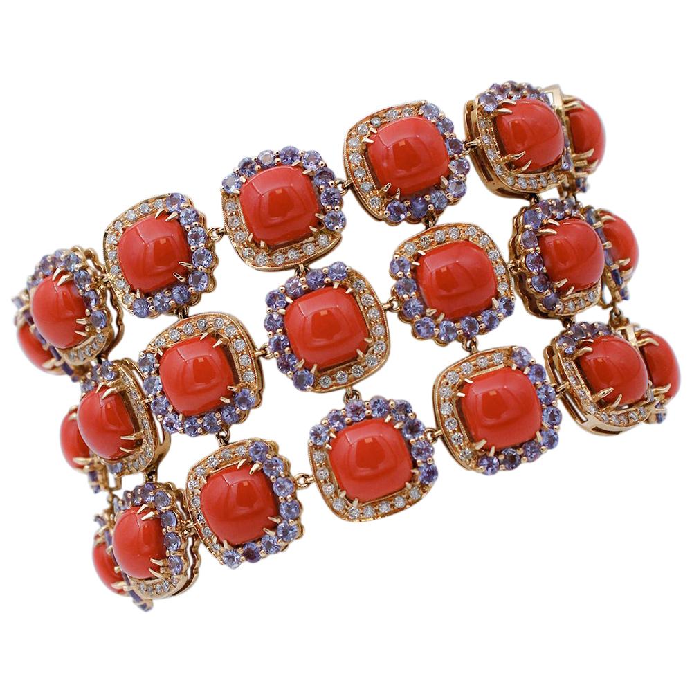 Coral, Tanzanite, Diamonds, 14 Karat Rose Gold Bracelet
