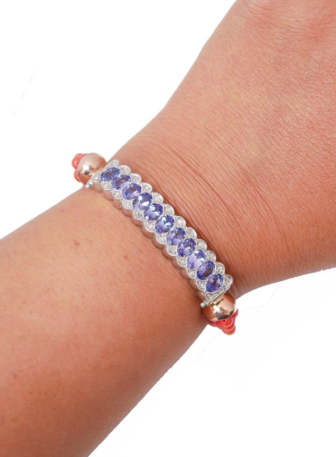 Bracelet en corail, tanzanite, diamants, or rose et argent. Bon état - En vente à Marcianise, Marcianise (CE)
