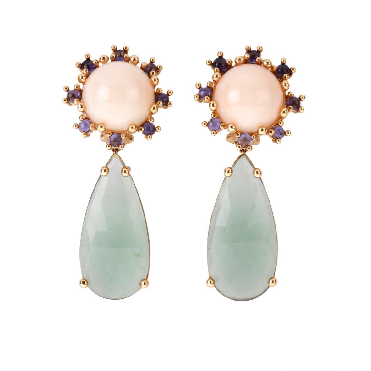 Drops earring vith beautiful serpentine faced drops, 2 peaux d'ange cabochon coral button, cabochon tanzanite,  18kt rose gold.
The total length is 5cm, weight 11,7 gr. each.
All Giulia Colussi jewelry is new and has never been previously owned or