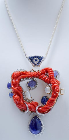 Coral, Tanzanite, Moonstones, Sapphires, Diamonds, 18 Karat Gold Pendant.