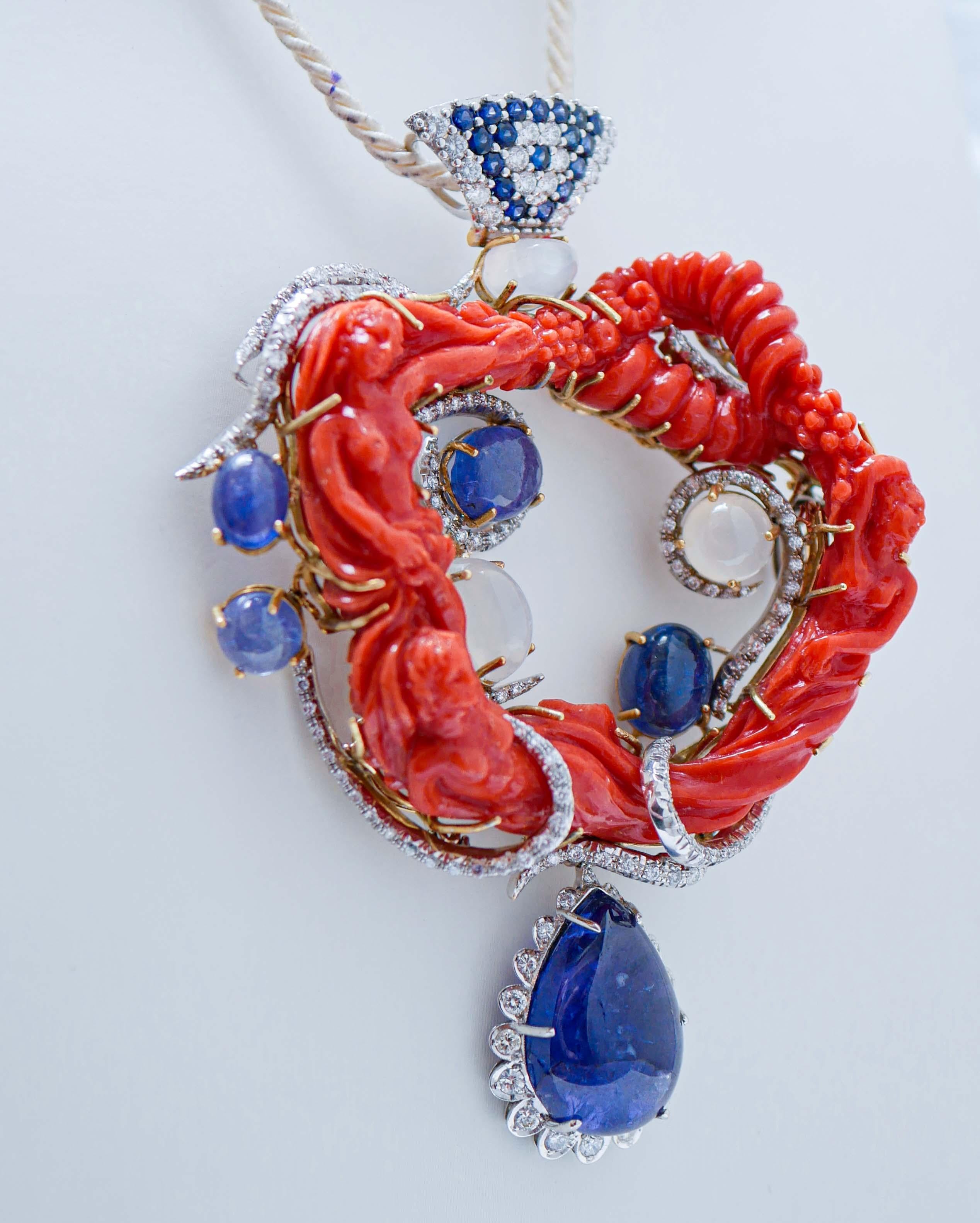 Retro Coral, Tanzanite, Moonstones, Sapphires, Diamonds, 18 Karat Gold Pendant. For Sale