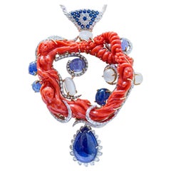 Coral, Tanzanite, Moonstones, Sapphires, Diamonds, 18 Karat Gold Pendant.