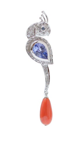 Coral, Tanzanite, Sapphires, Diamonds, Platinum Peacock Earrings.