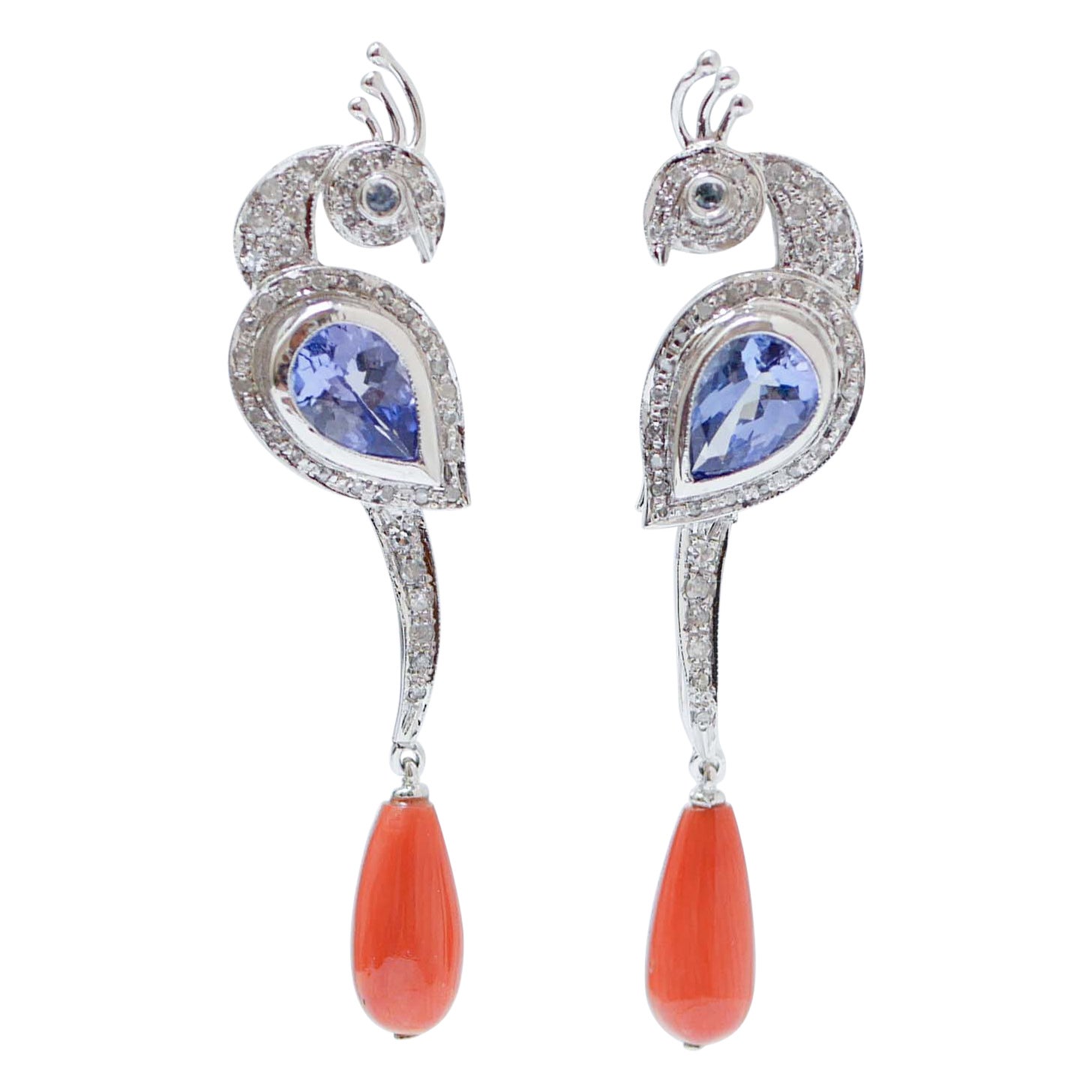Coral, Tanzanite, Sapphires, Diamonds, Platinum Peacock Earrings. For Sale