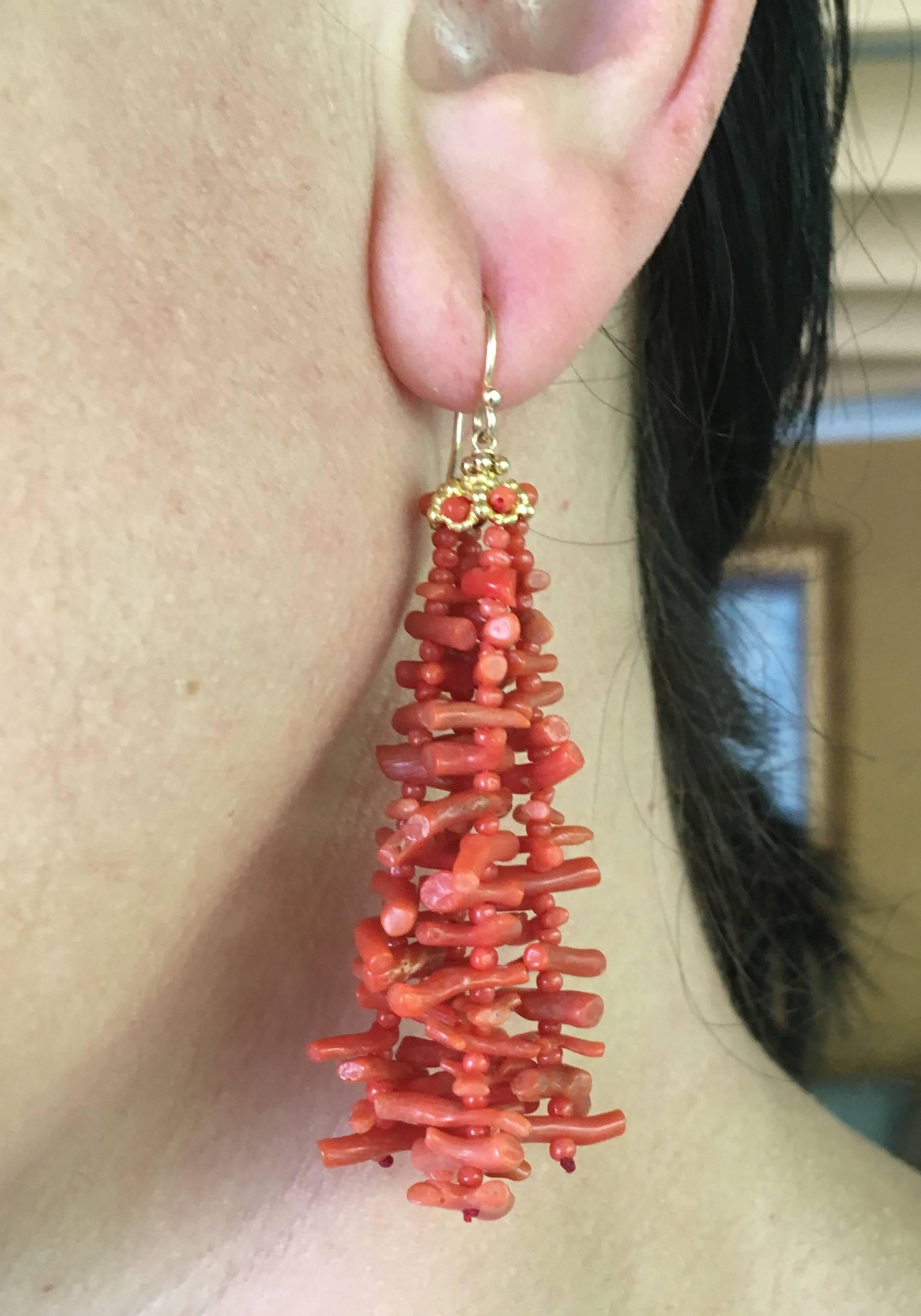 Coral Tassel Earrings with 14 Karat Gold Cup and Lever Back by Marina J 1