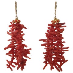 Coral Tassel Earrings with 14 Karat Yellow Gold Cup and Lever Backs