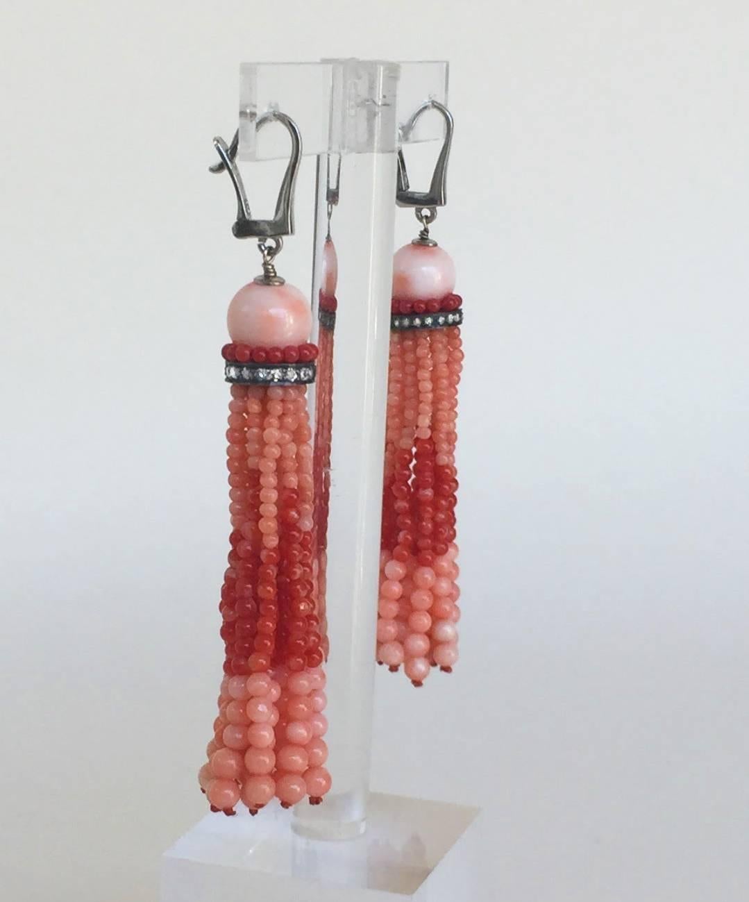 Artist Marina J Two tone Red Coral Tassel Earrings with Diamonds and 14 K White Gold