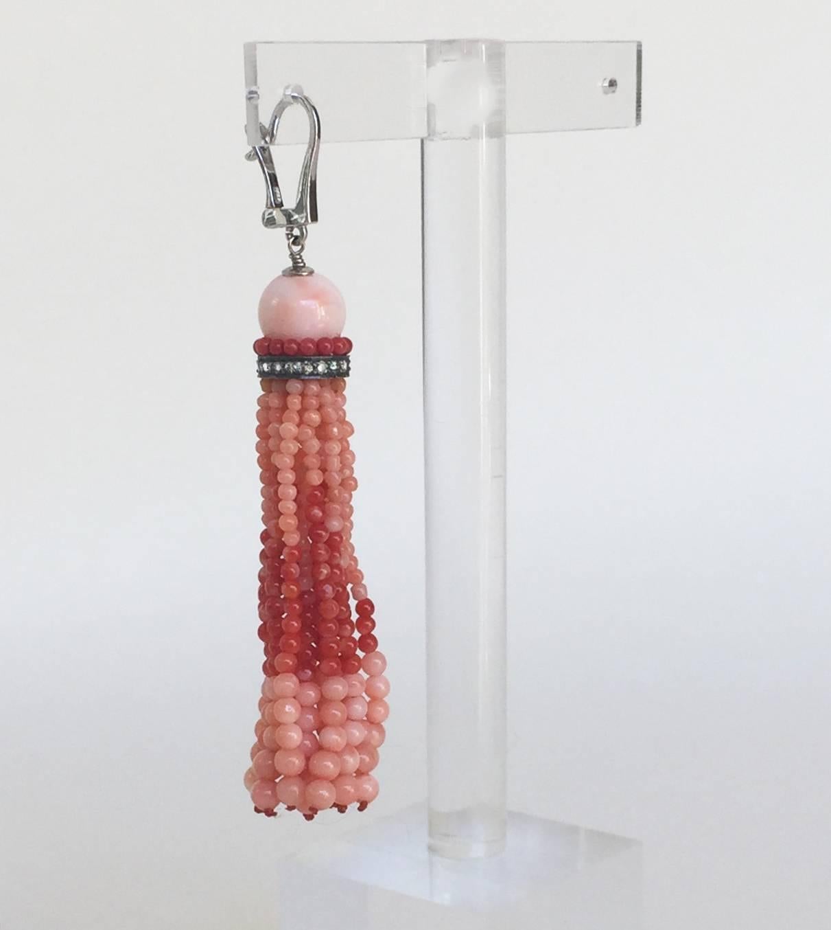 Bead Marina J Two tone Red Coral Tassel Earrings with Diamonds and 14 K White Gold