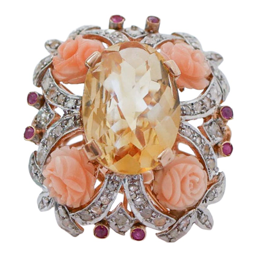 Coral, Topaz, Rubies, Diamonds, Rose Gold and Silver Ring.