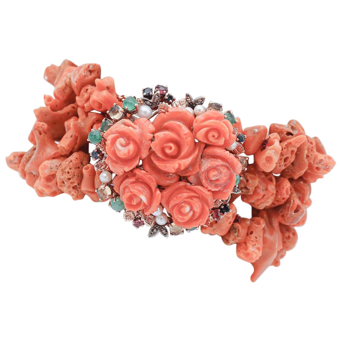 Coral, Topazi, Smeraldi, Rubini Diamanti Zaffiri Bracciale in oro rosa e argento in vendita