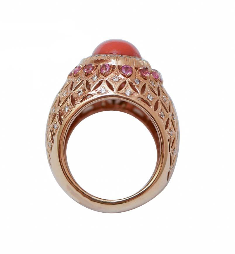 Retro Coral, Tourmaline, Diamonds, 14 Karat Rose Gold Ring.