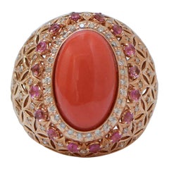 Coral, Tourmaline, Diamonds, 14 Karat Rose Gold Ring.