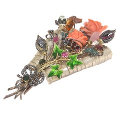 1950s Retro Carved Coral Rose & Enamel Flower Bouquet Brooch Bezel-Grain Setting