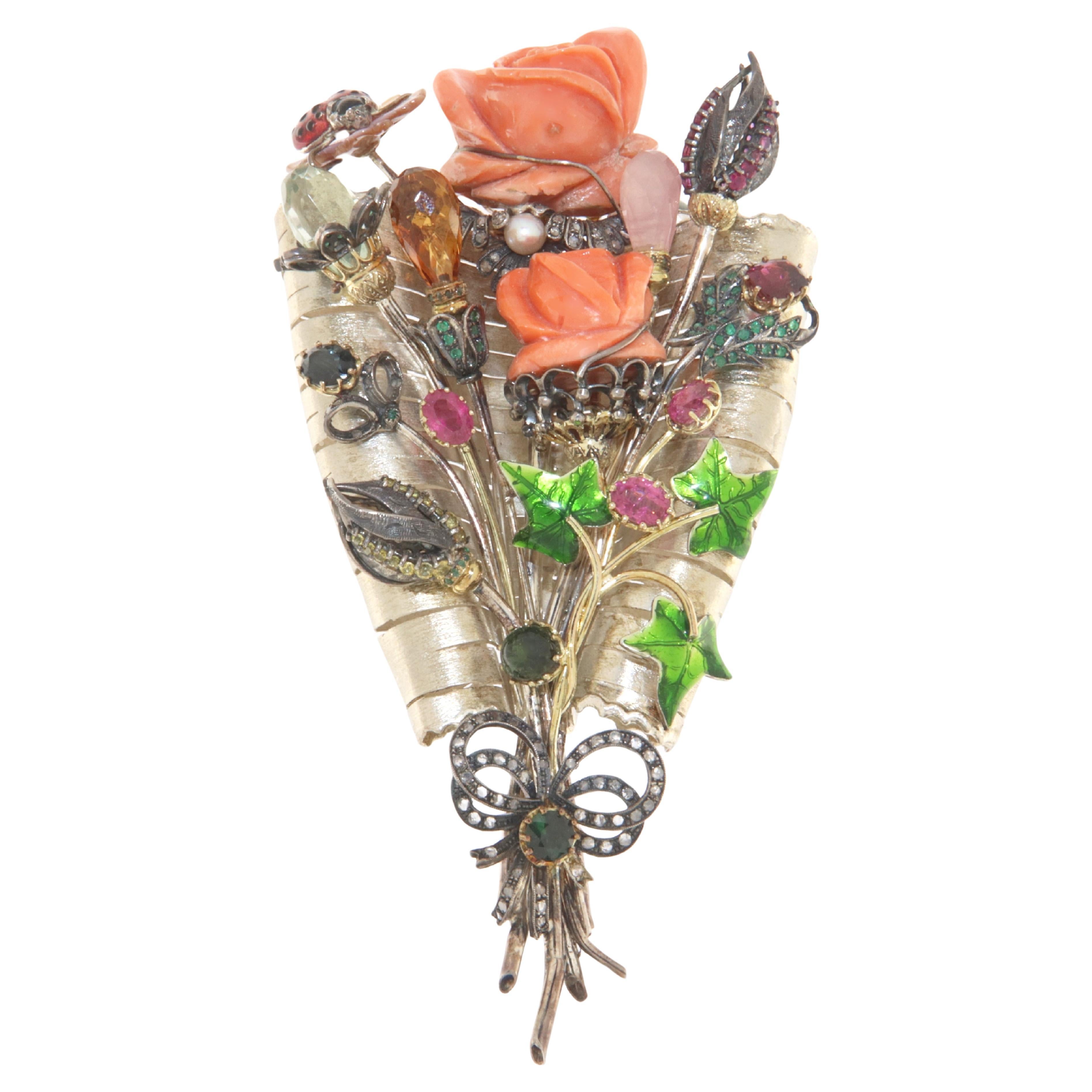 Coral Tourmalines Diamonds Emeralds 14 Karat Yellow Gold Silver Brooch