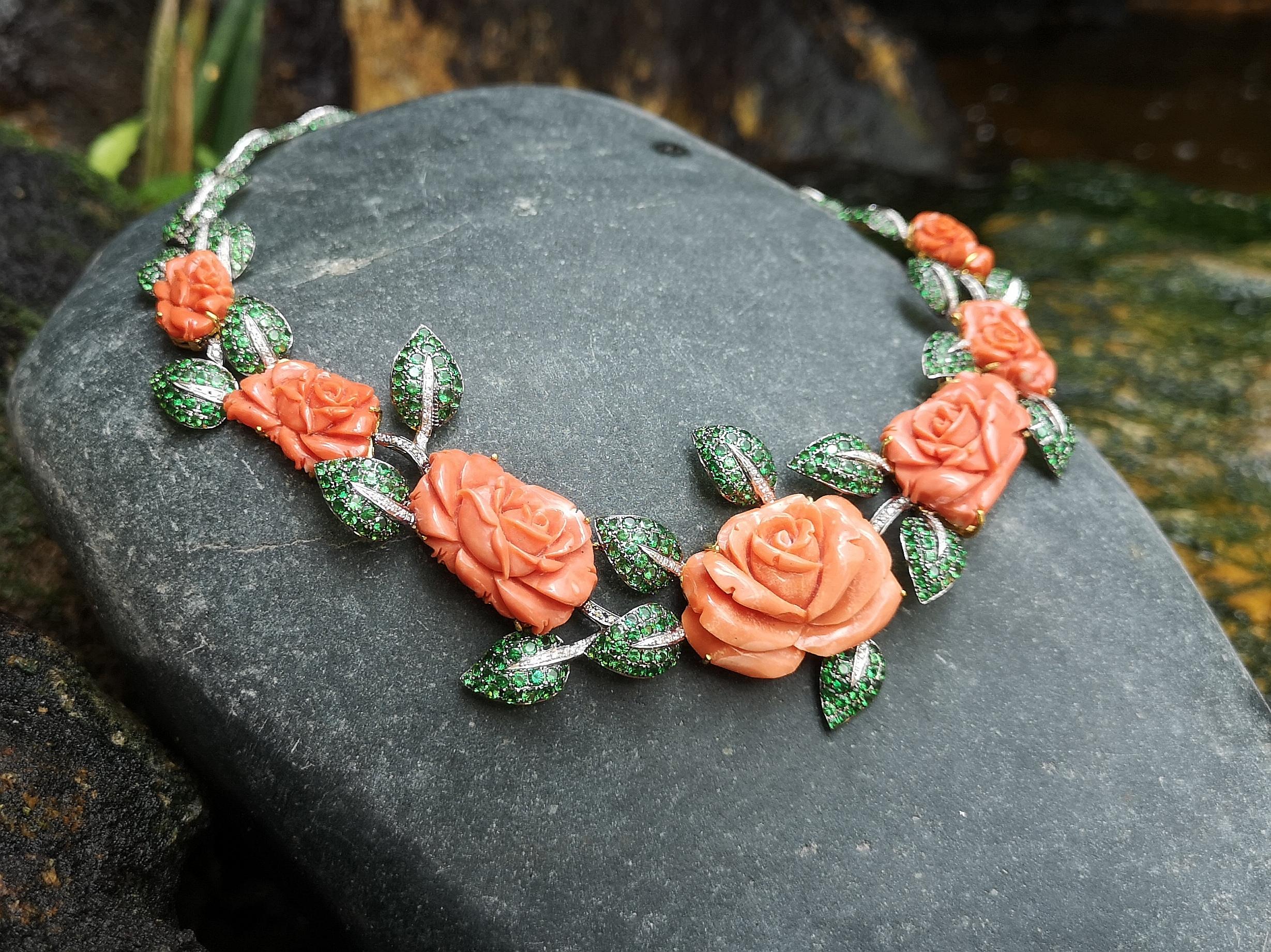Mixed Cut Coral, Tsavorite, Brown Diamond and Diamond Flower Necklace in 18 Karat Gold For Sale