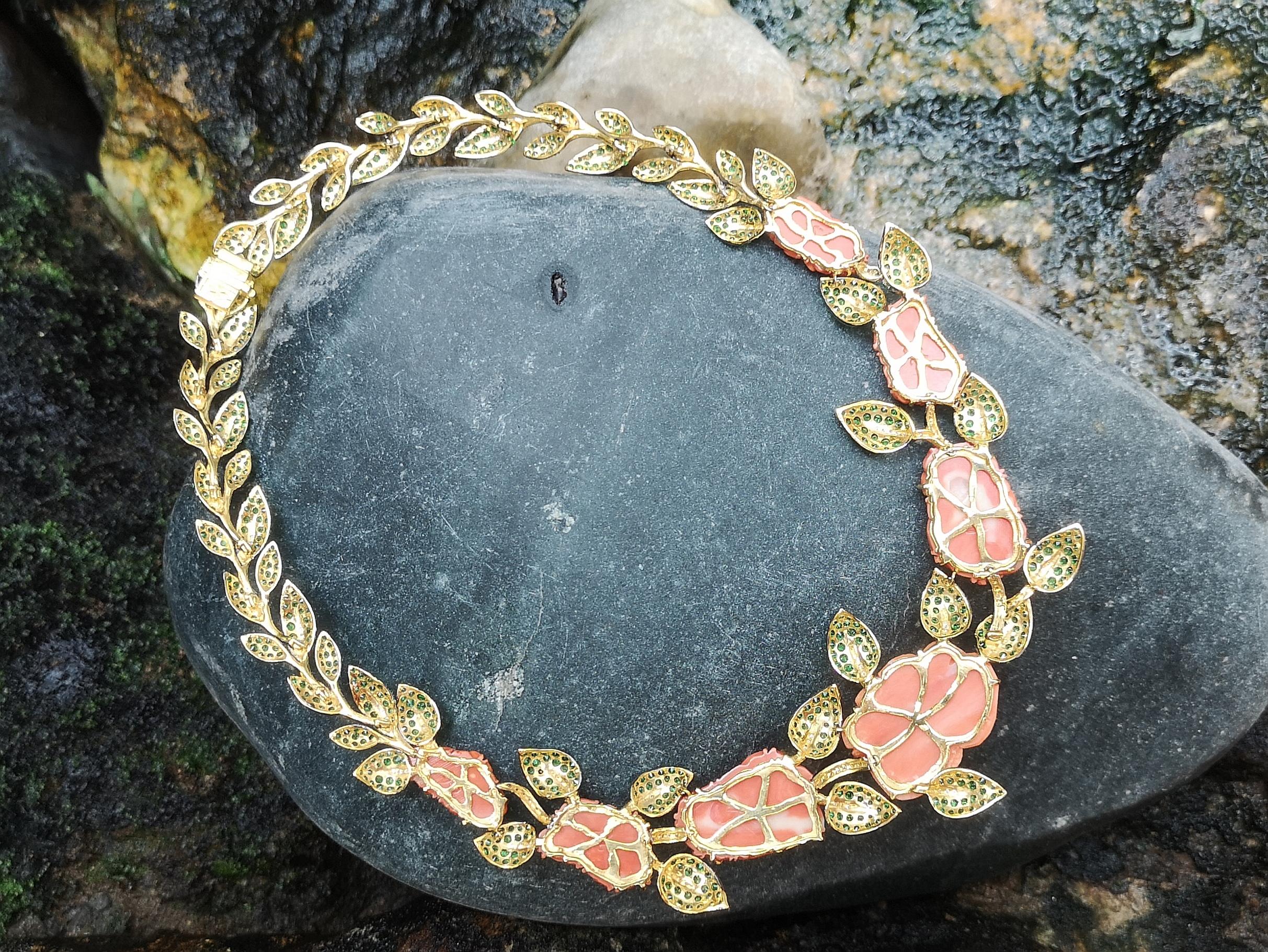 Women's Coral, Tsavorite, Brown Diamond and Diamond Flower Necklace in 18 Karat Gold For Sale