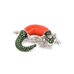 Coral, Tsavorite, Diamond and Ruby Gecko Gold Vintage Statement Brooch Pin