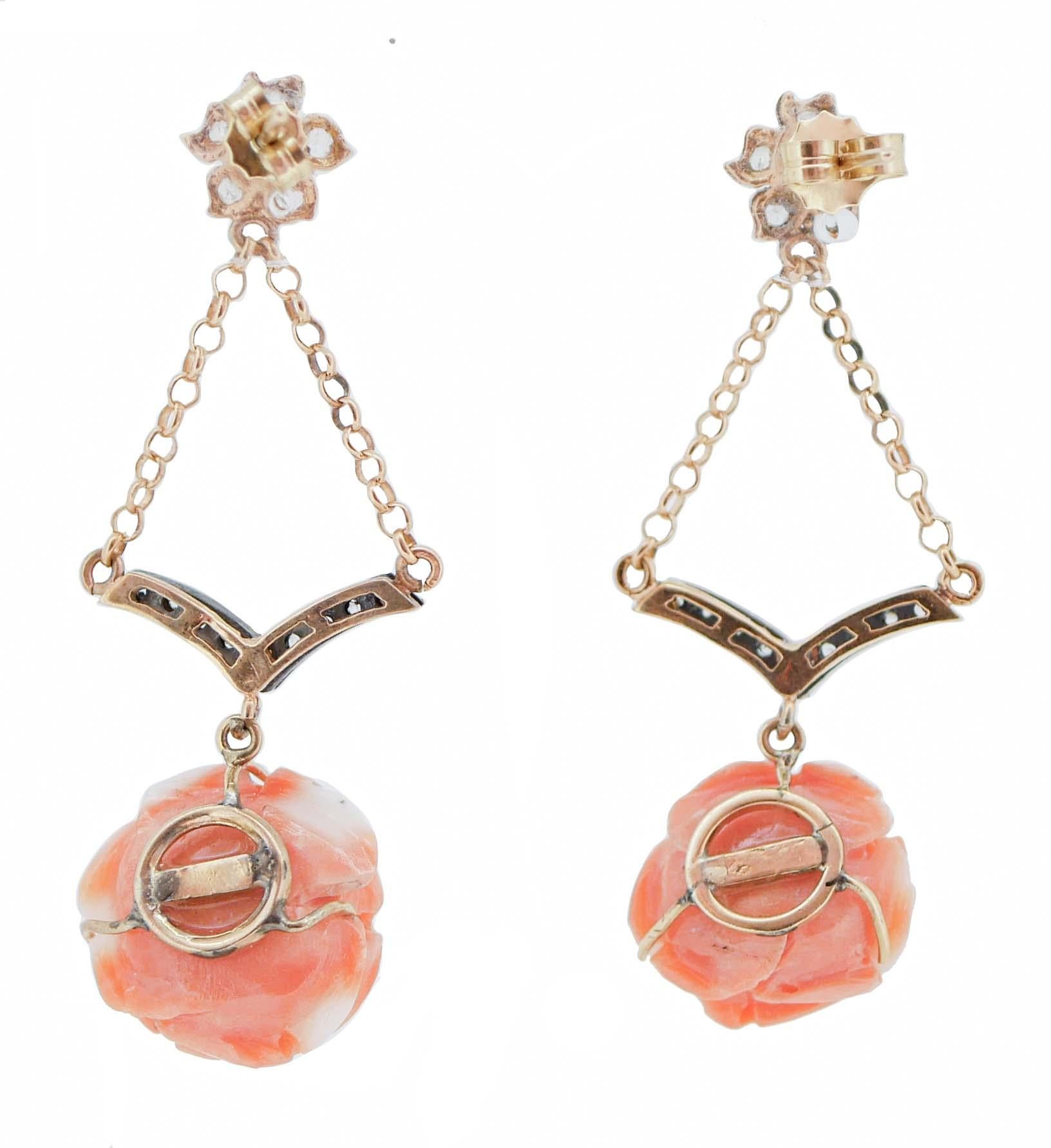 Retro Coral, Tsavorite, Diamonds, 14 Karat Rose Gold and Silver Dangle Earrings. For Sale