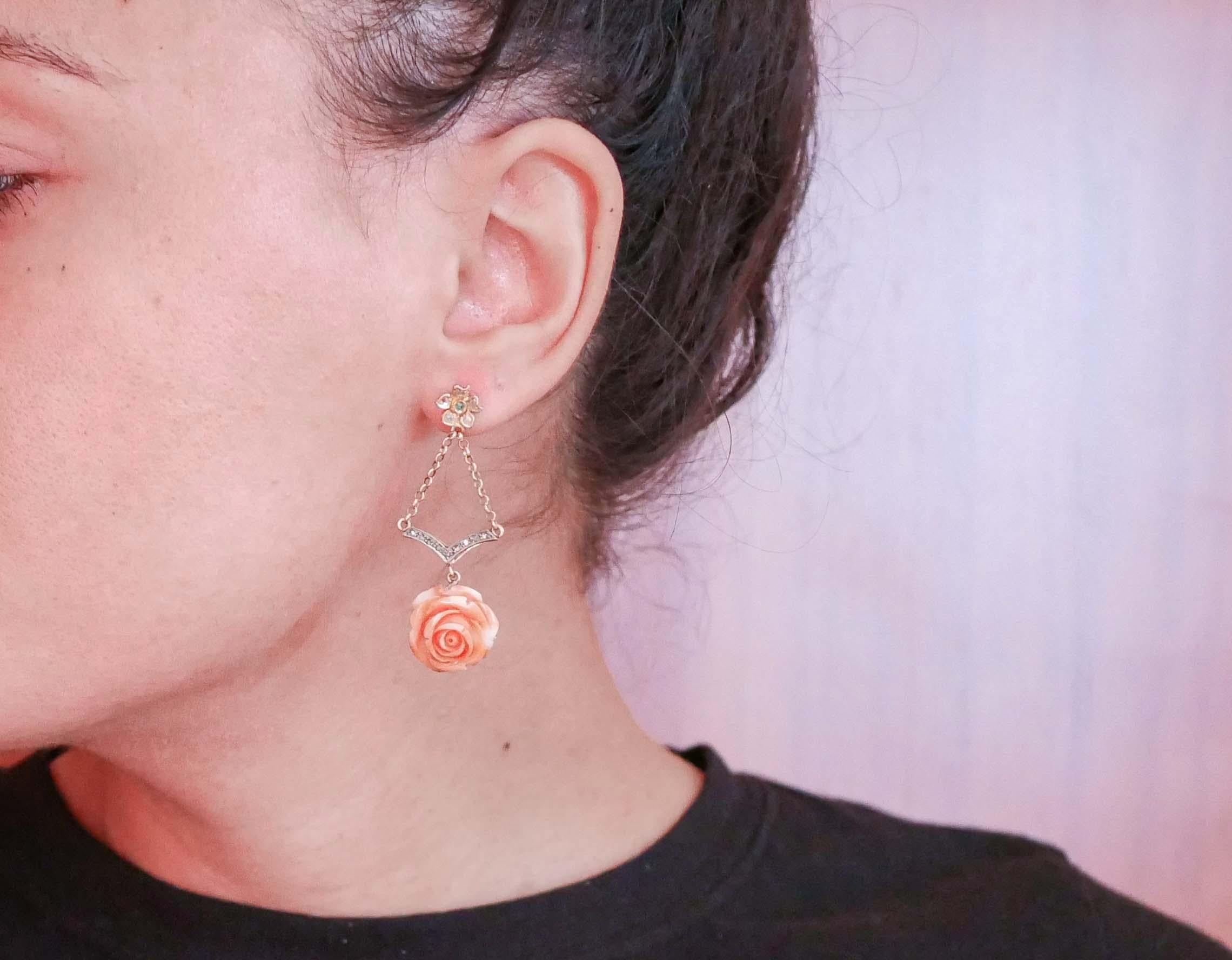Boucles d'oreilles en or rose 14 carats, corail, tsavorite et diamants. Bon état - En vente à Marcianise, Marcianise (CE)
