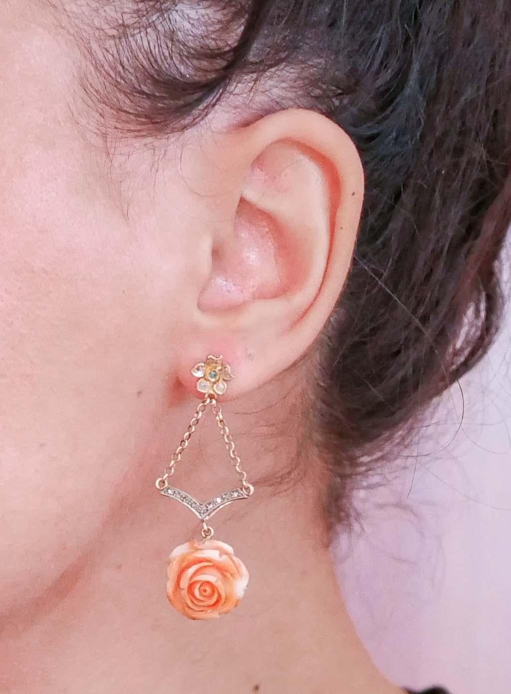 Women's Coral, Tsavorite, Diamonds, 14 Karat Rose Gold and Silver Dangle Earrings. For Sale