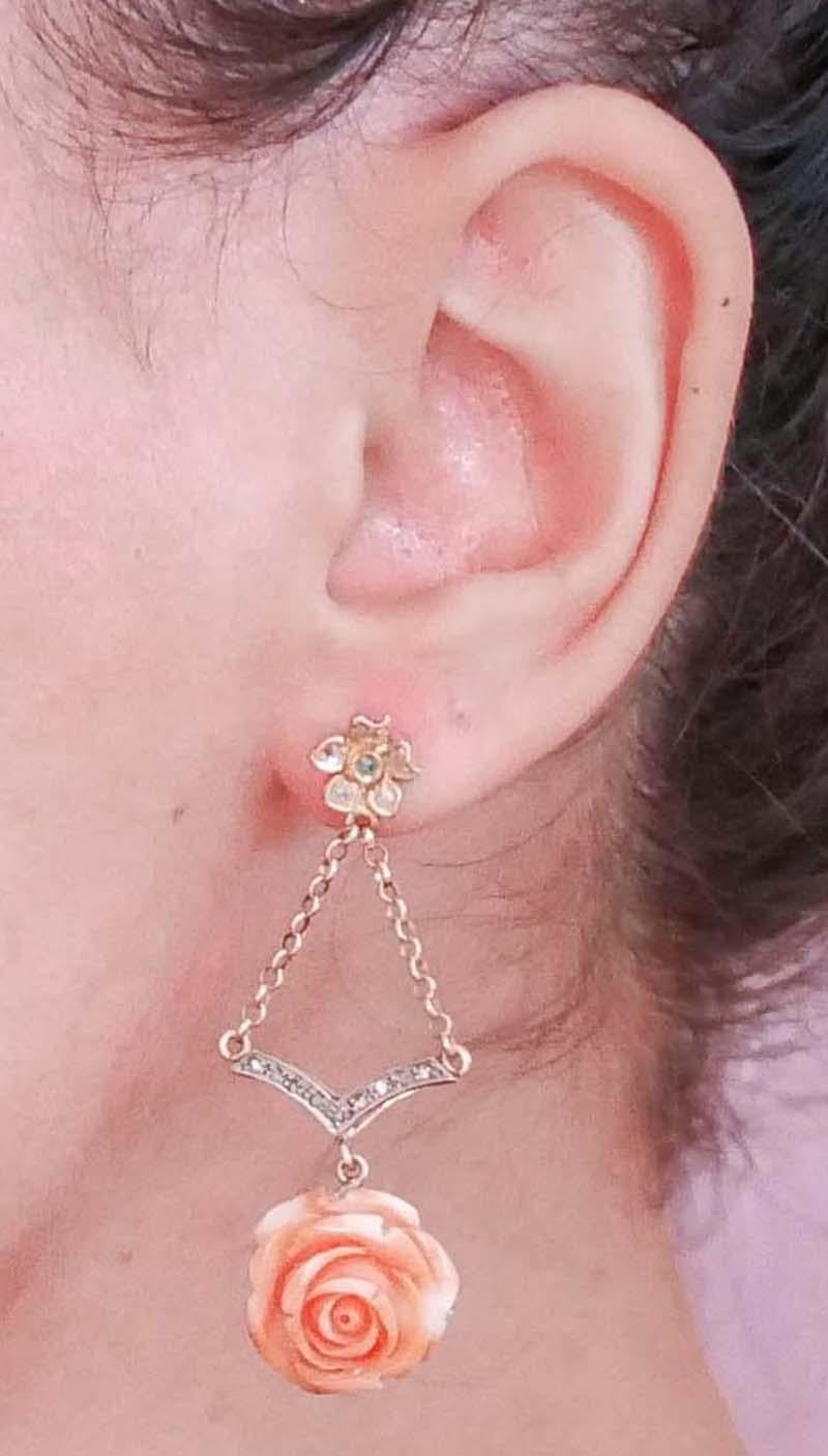 Coral, Tsavorite, Diamonds, 14 Karat Rose Gold and Silver Dangle Earrings. For Sale 1