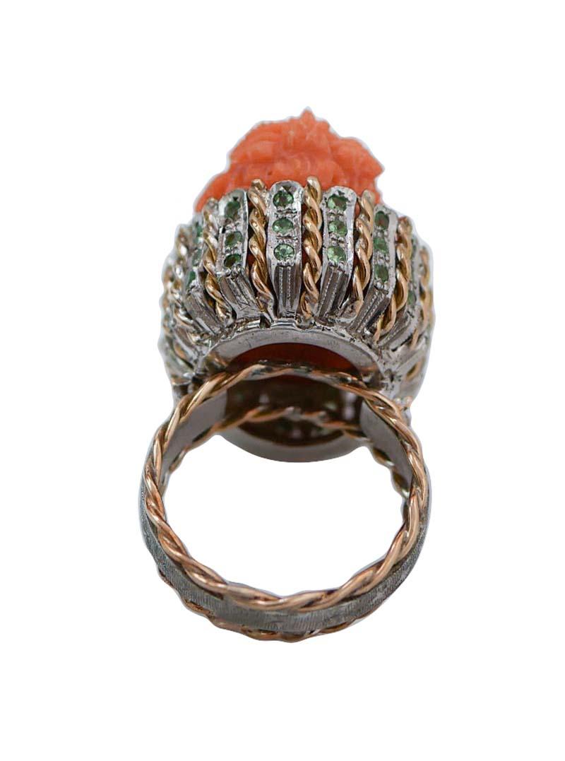 Retro Coral, Tsavorite, Diamonds, 14 Karat Rose Gold and Silver Ring. For Sale