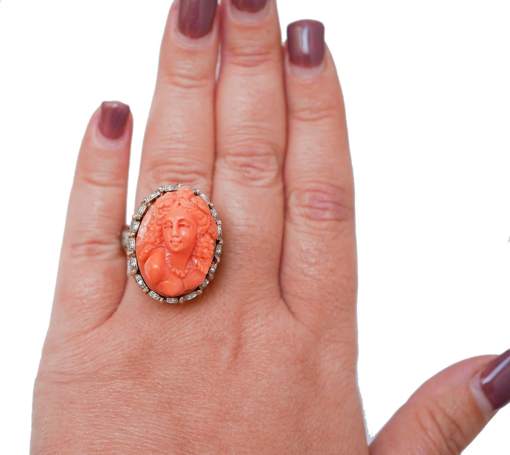 Mixed Cut Coral, Tsavorite, Diamonds, 14 Karat Rose Gold and Silver Ring. For Sale