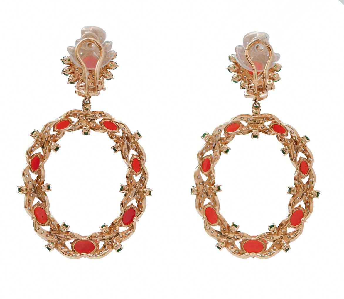 Retro Coral, Tsavorite, Diamonds, 14 Karat Rose Gold Earrings.