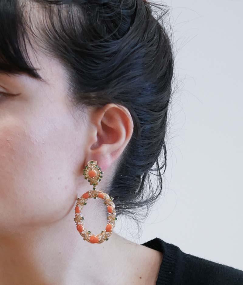 Mixed Cut Coral, Tsavorite, Diamonds, 14 Karat Rose Gold Earrings.