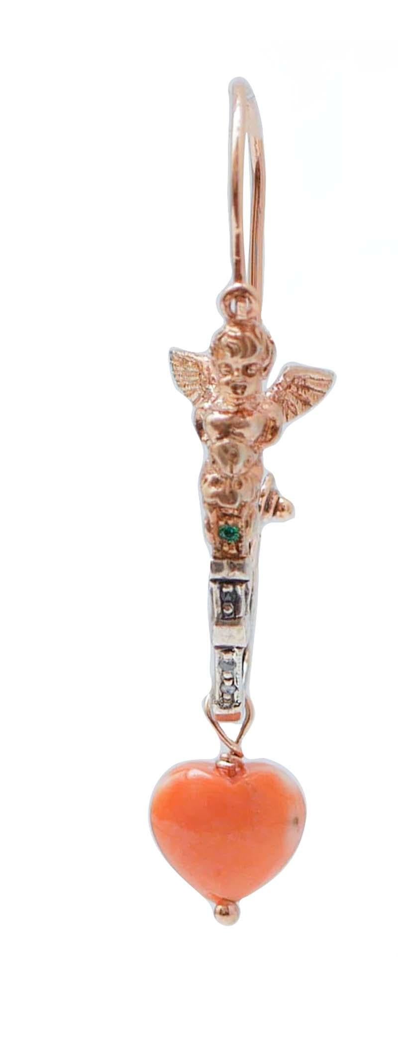 Fashion earrings mounted with a little angel in the upper part and, below of it, a tsavorite and diamonds. As pendant, an heart coral.
These earrings were totally handmade by Italian master goldsmiths and they are in perfect conditions.
Diamonds