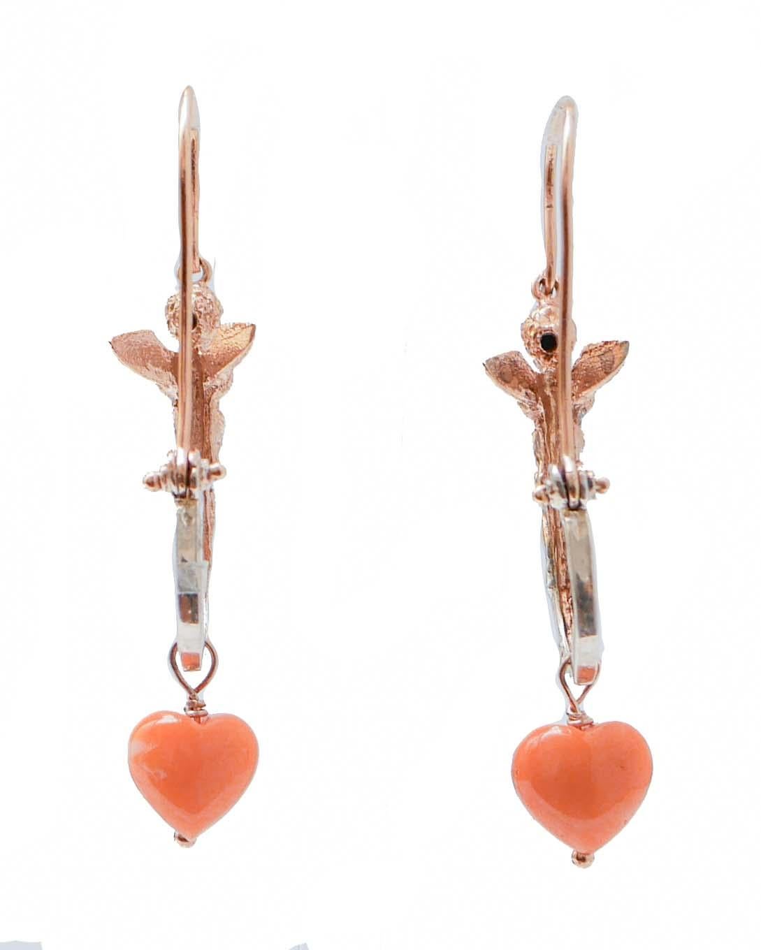 Retro Coral, Tsavorite, Diamonds, Rose Gold and Silver Earrings. For Sale