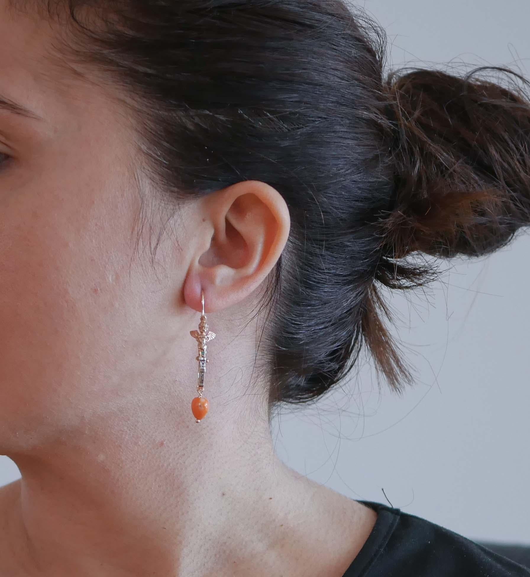 Mixed Cut Coral, Tsavorite, Diamonds, Rose Gold and Silver Earrings. For Sale