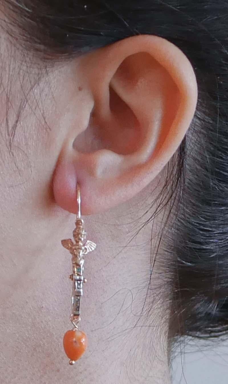 Coral, Tsavorite, Diamonds, Rose Gold and Silver Earrings. In Good Condition For Sale In Marcianise, Marcianise (CE)