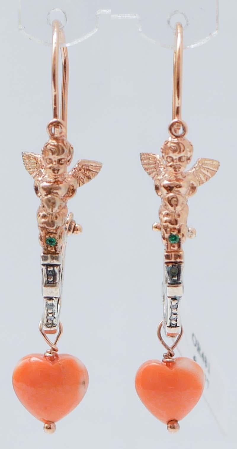 Women's Coral, Tsavorite, Diamonds, Rose Gold and Silver Earrings. For Sale