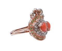 Coral, Tsavorite, Diamonds, Rose Gold and Silver Ring.