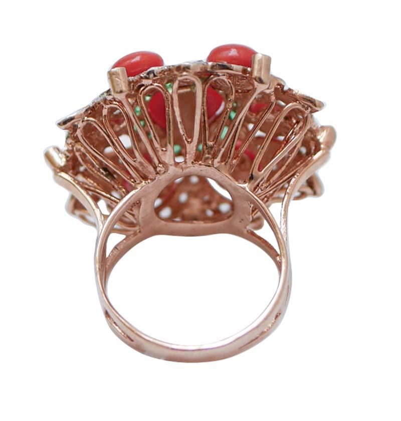 Retro Coral, Tsavorite, Diamonds, Rose Gold and Silver Ring. For Sale