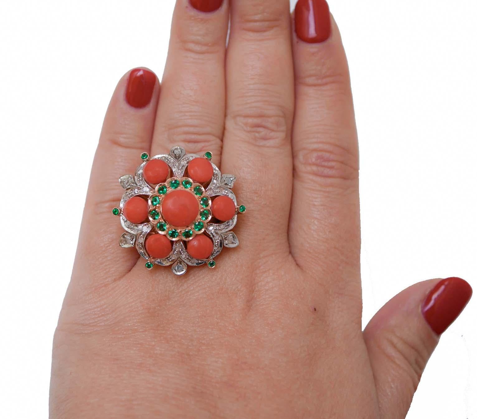 Mixed Cut Coral, Tsavorite, Diamonds, Rose Gold and Silver Ring. For Sale