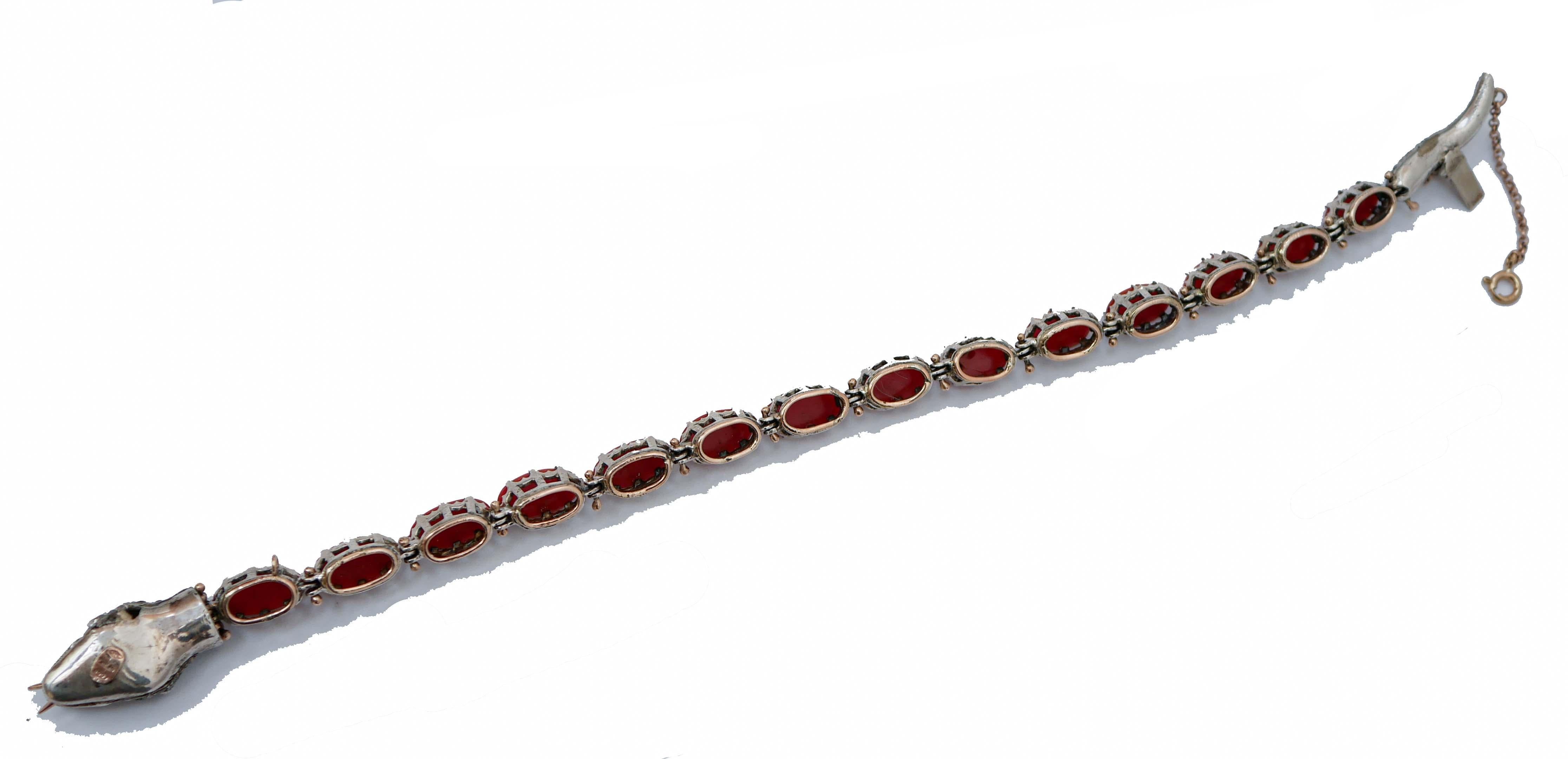 Retro Coral, Tsavorite, Emeralds, Diamonds, Rose Gold and Silver Snake Bracelet. For Sale