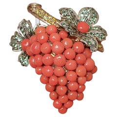 Coral, Tsavorite, Fancy Diamonds, Rose Gold and Silver Cocktail Ring.