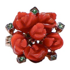 Coral, Tsavorite, Rose Gold and Silver Ring