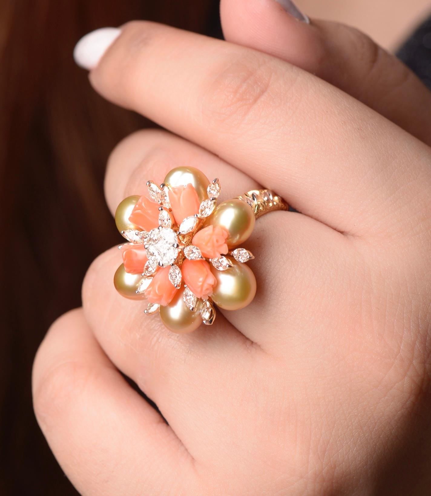 18k diamond Ring with Coral Tulips and keshi Pearls 