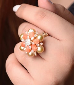 Coral Tulips and Keshi Pearls Diamond Ring