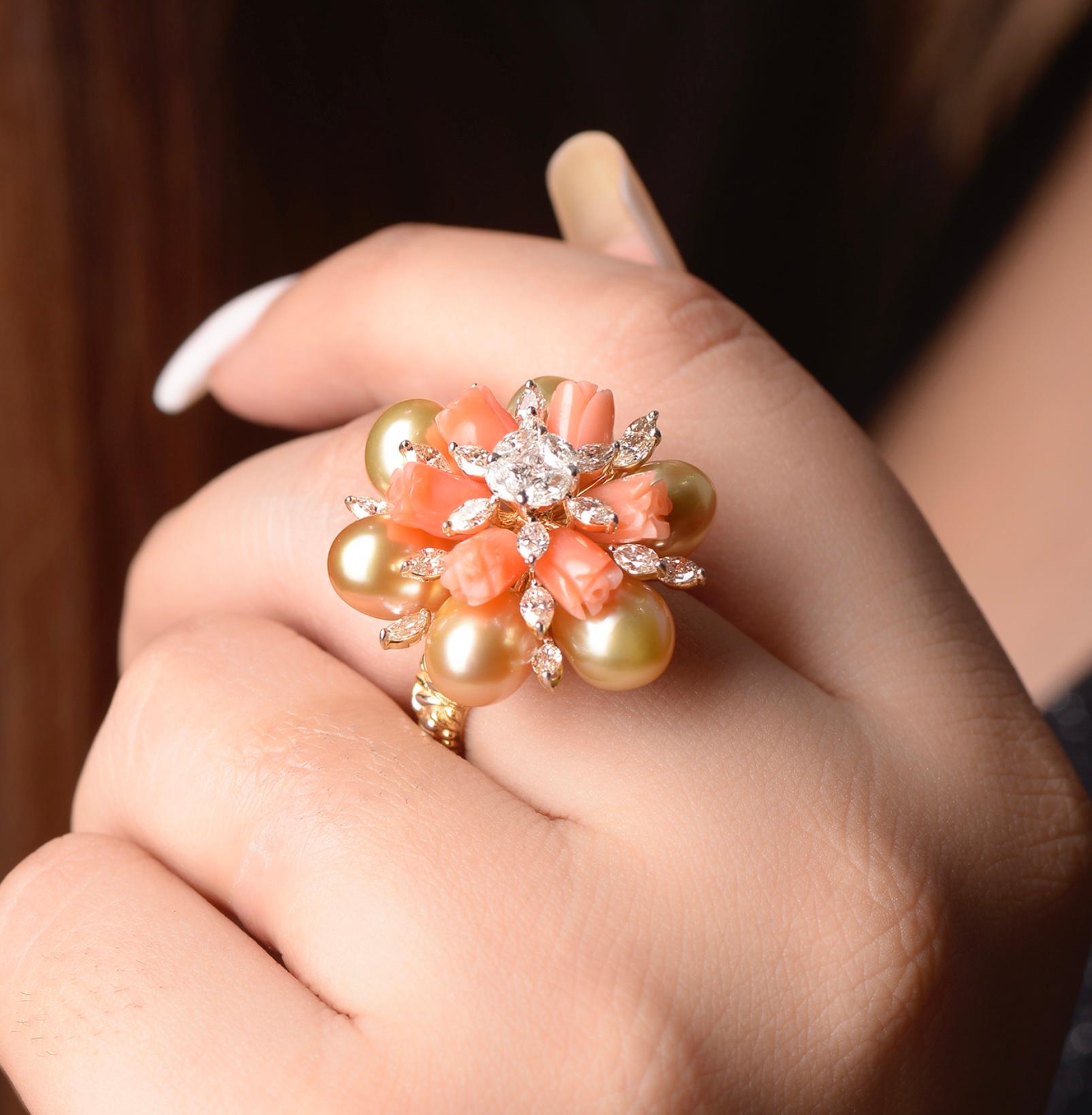 Women's Coral Tulips and Keshi Pearls Diamond Ring For Sale