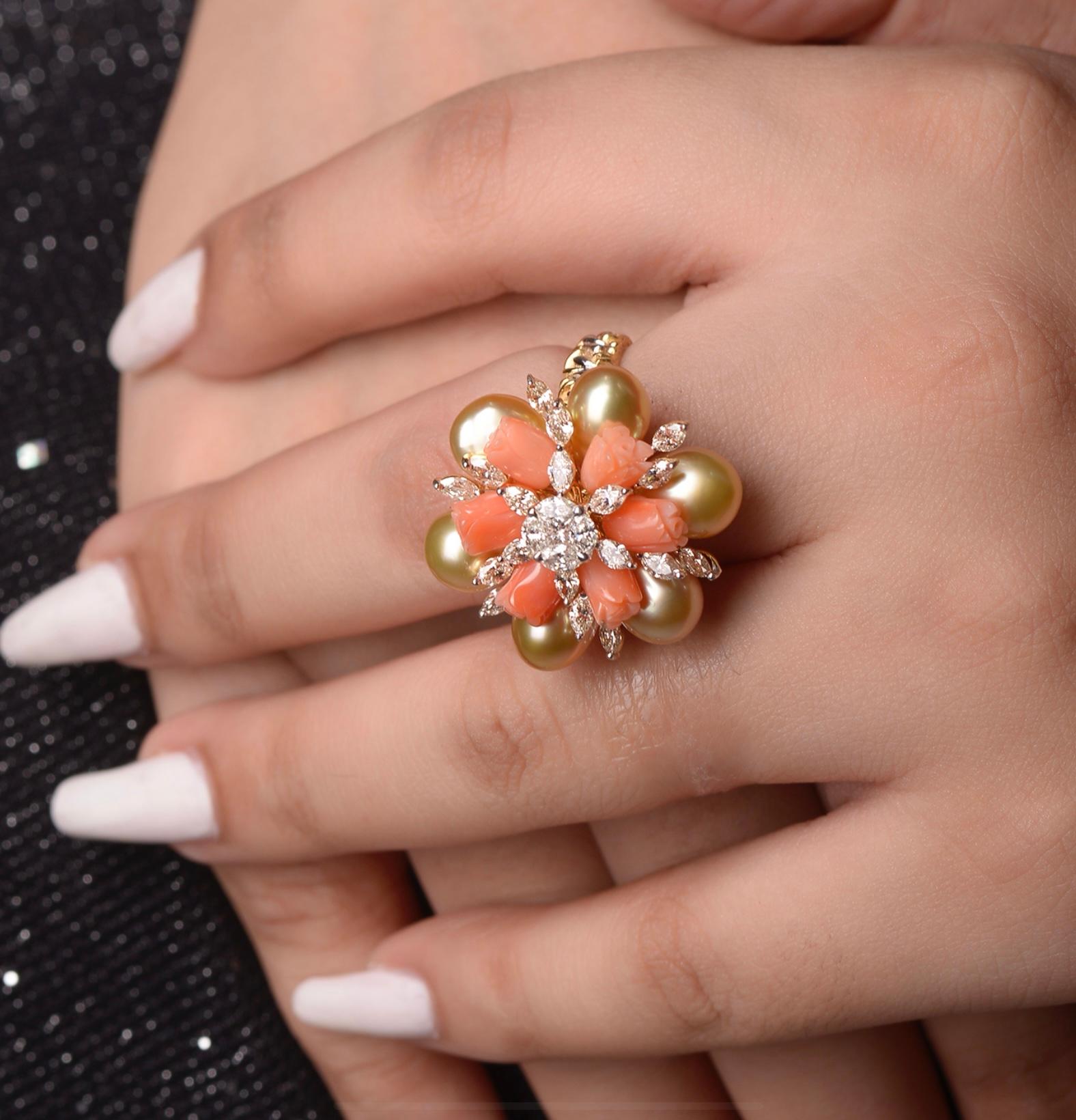 Coral Tulips and Keshi Pearls Diamond Ring For Sale 1
