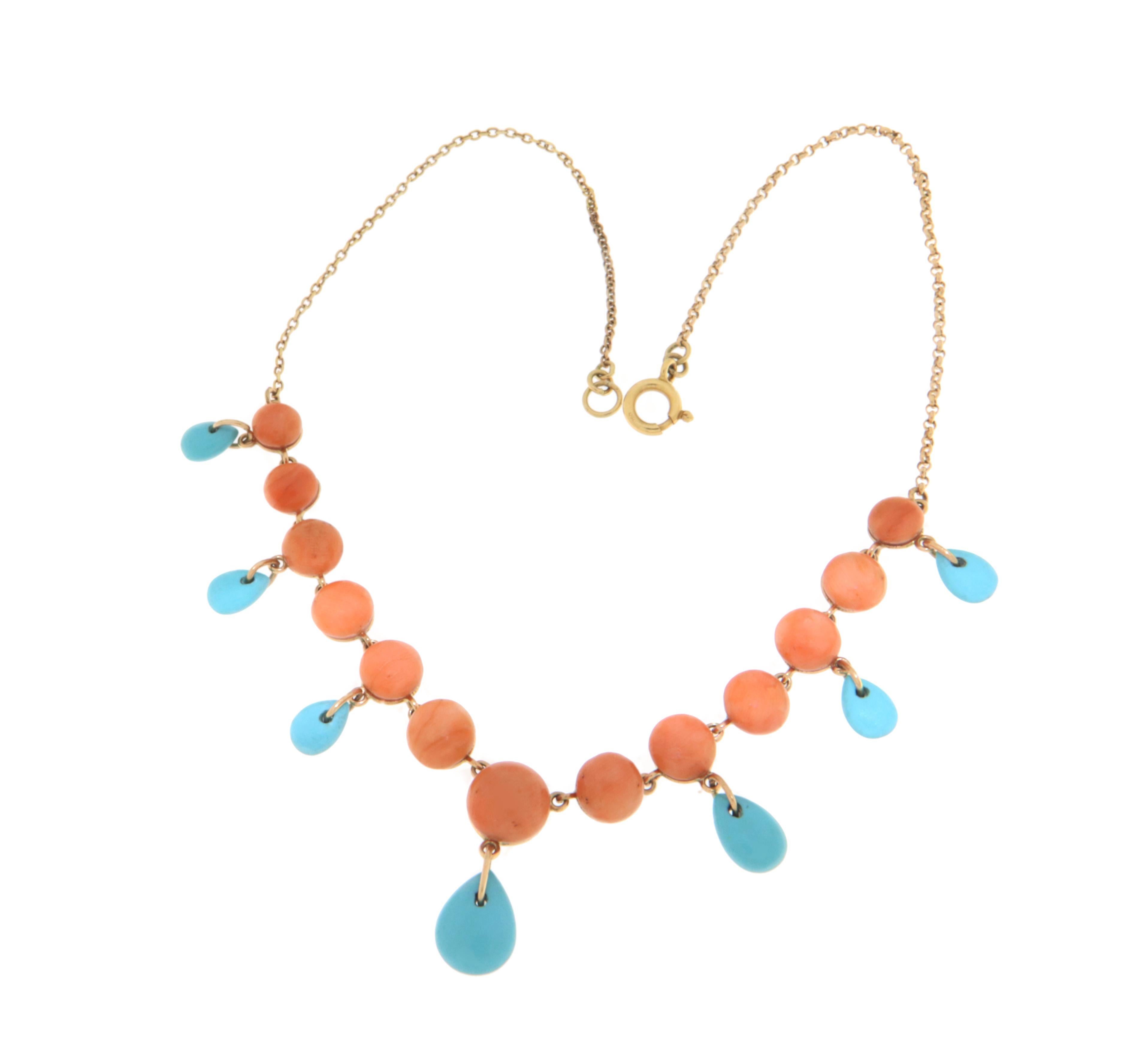Artisan Coral Turquoise 14 Karat Yellow Gold Pendant Necklace For Sale